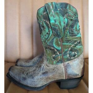 Tony Lama Painted‎ Nubuck Shorty Teal Cowgirl Boots Women's 6.5 Excellent